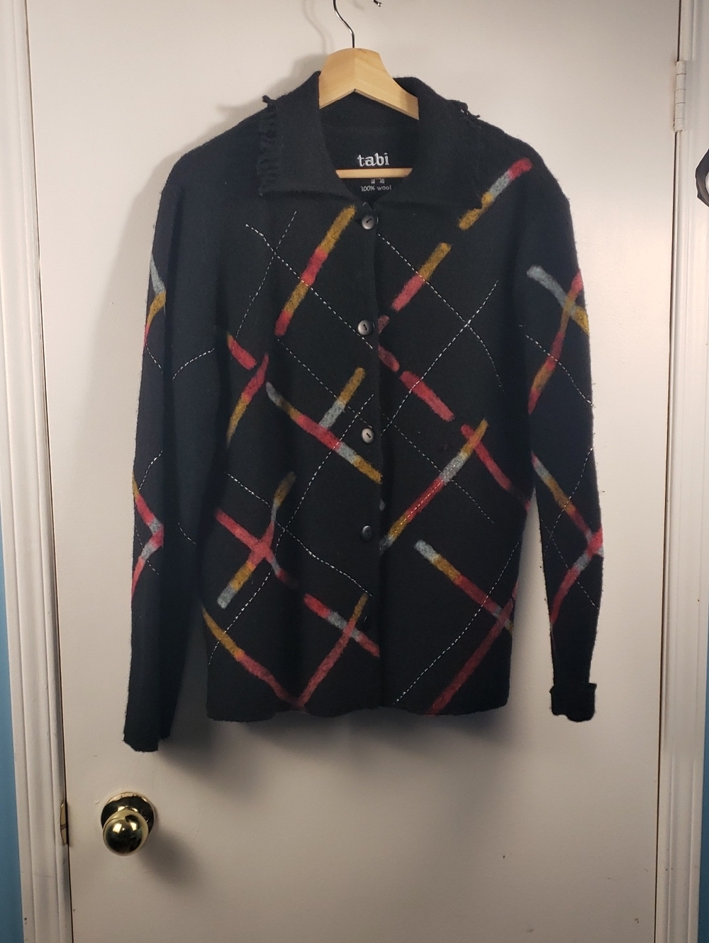 Tabi Black Wool Button-Up Cardigan with Multicolor Plaid Soze Large